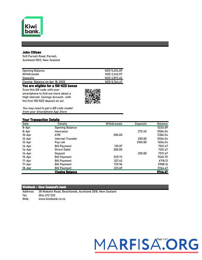 Blank New Zealand Kiwibank statement excel template